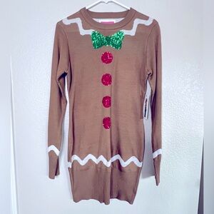 Tipsy Elves Brown Long Sleeve Dress with Green and Red Accents